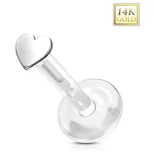 Piercing z białego 14k złota do ucha, brody, wargi - małe serce, przezroczysty bioflex Biżuteria e-shop