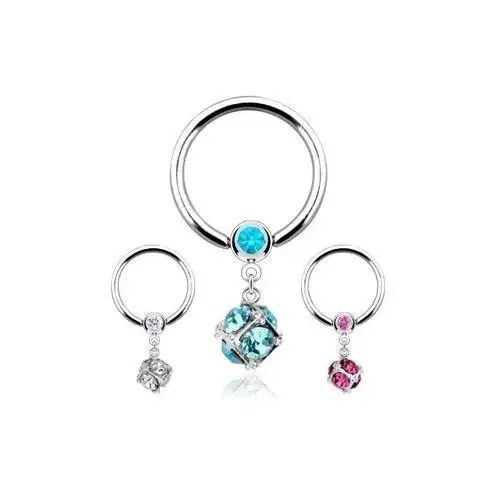 Biżuteria e-shop Piercing ze stali 316l, kółko z kuleczką i kostka wyłożona cyrkoniami - kolor cyrkoni: aqua niebieski - q
