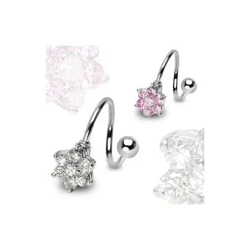 Piercing ze stali chirurgicznej - spirala z cyrkoniowym kwiatkiem i kuleczką - kolor cyrkoni: różowy - p Biżuteria e-shop