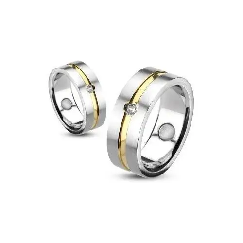 Pierścień ze stali ze złotym paskiem i osadzoną cyrkonią - rozmiar: 62 Biżuteria e-shop
