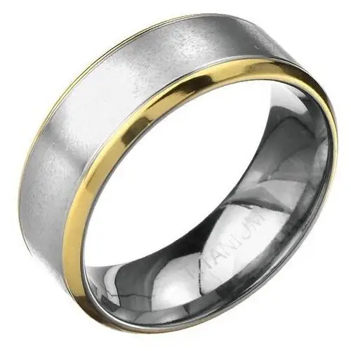 Pierścionek z tytanu - matowy srebrny pasek z wrębami, złote lamowanie - rozmiar: 68 Biżuteria e-shop