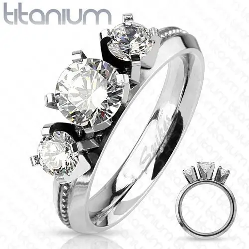 Biżuteria e-shop Pierścionek z tytanu, srebrny kolor, trzy okrągłe przezroczyste cyrkonie, wysoki połysk - rozmiar: 57