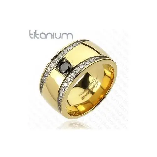 Pierścionek z tytanu w złotym kolorze z cyrkoniowymi półksiężycami - Rozmiar: 64, kolor żółty