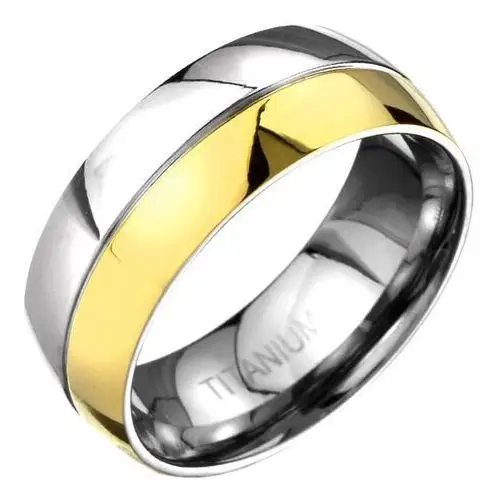 Biżuteria e-shop Pierścionek z tytanu - złoto-srebrna zaokrąglona obrączka z wygrawerowaną linią - rozmiar: 59