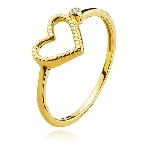 Pierścionek z żółtego złota 585 - karbowane serce, okrągła cyrkonia - rozmiar: 60 Biżuteria e-shop