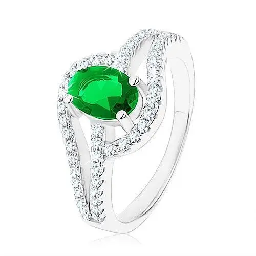 Biżuteria e-shop Pierścionek ze srebra 925, połączone zarysy kropelek, zielona cyrkonia - rozmiar: 59