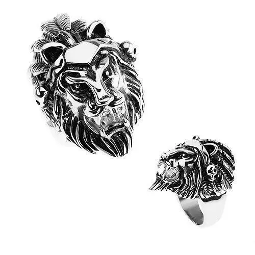 Pierścionek ze stali 316l, srebrny kolor, głowa lwa, opaska z piórkami, czaszki - rozmiar: 64 Biżuteria e-shop