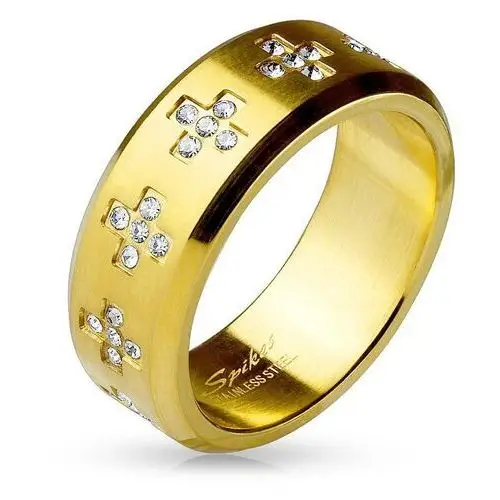 Biżuteria e-shop Pierścionek ze stali 316l złotego koloru, bezbarwne cyrkoniowe krzyżyki na obwodzie, 8 mm - rozmiar: 59