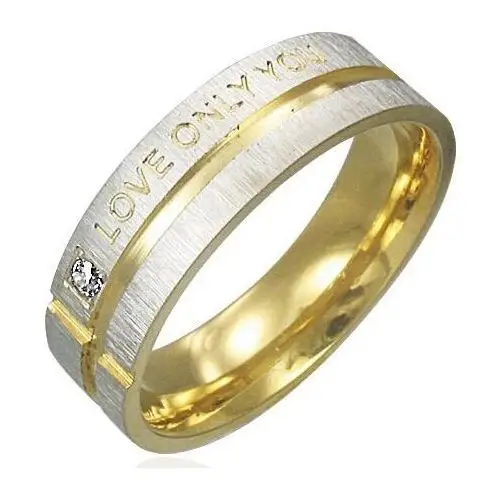 Pierścionek ze stali chirurgicznej - srebrny ze złotymi pasami, wyznanie miłości - rozmiar: 62 Biżuteria e-shop