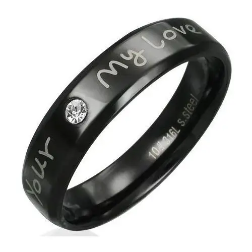 Pierścionek ze stali, czarny, z wyznaniem miłości i przeźroczystą cyrkonią - rozmiar: 54 Biżuteria e-shop
