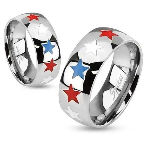 Pierścionek ze stali, emaliowane gwiazdy w białym, niebieskim i czerwonym kolorze - rozmiar: 62 Biżuteria e-shop
