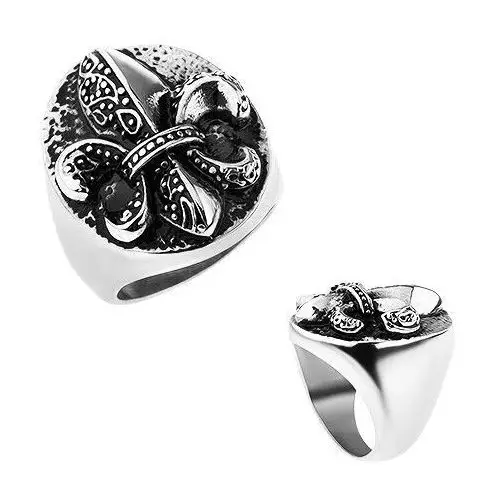 Pierścionek ze stali, fleur de lis w owalu, srebrny kolor, patyna - rozmiar: 59 Biżuteria e-shop