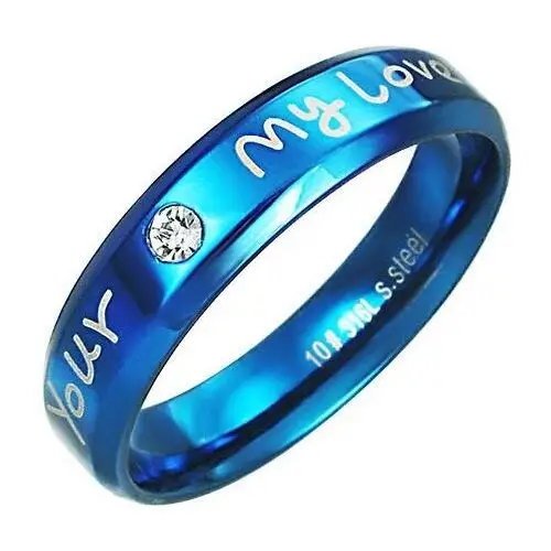 Pierścionek ze stali - niebieski kolor, napis zakochanych - Rozmiar: 54, K11.7