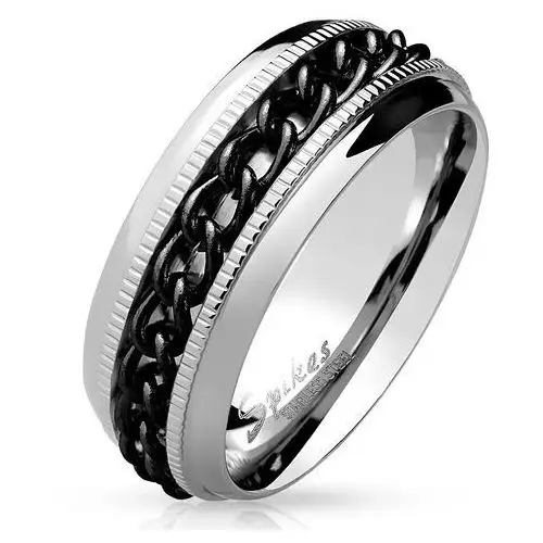 Pierścionek ze stali nierdzewnej - czarny łańcuszek, ząbkowany, kolor srebrny - Rozmiar: 65, kolor czarny