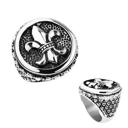 Biżuteria e-shop Pierścionek ze stali, srebrny kolor, patyna, fleur de lis w kole, serduszka - rozmiar: 65