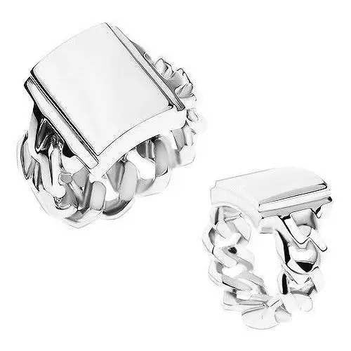 Biżuteria e-shop Pierścionek ze stali, srebrny kolor, ramiona z oczkami, lustrzany lśniący prostokąt - rozmiar: 61