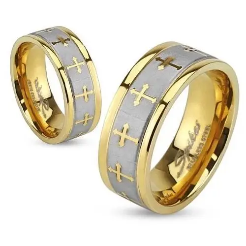 Pierścionek ze stali w złotym kolorze, srebrny satynowy pas, krzyże trójlistne - rozmiar: 69 Biżuteria e-shop