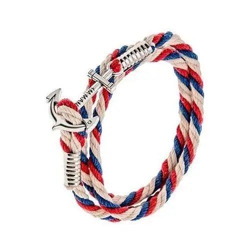 Biżuteria e-shop Pleciona bransoeltka z niebieskiego, czerwonego i dwóch białych sznurków, lśniąca kotwica