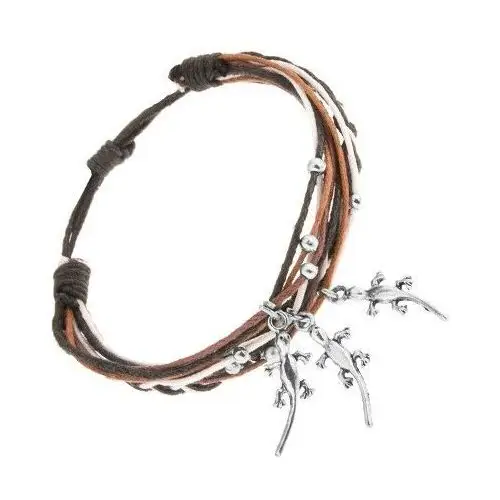 Biżuteria e-shop Pleciona bransoletka, różnokolorowe sznurki, stalowe ozdoby - kuleczki i jaszczurki