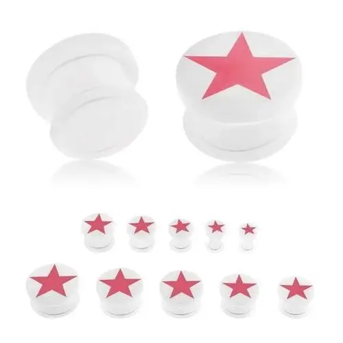 Biżuteria e-shop Plug do ucha, akryl białego koloru, różowa pięcioramienna gwiazda, przezroczysta gumeczka - szerokość: 8 mm