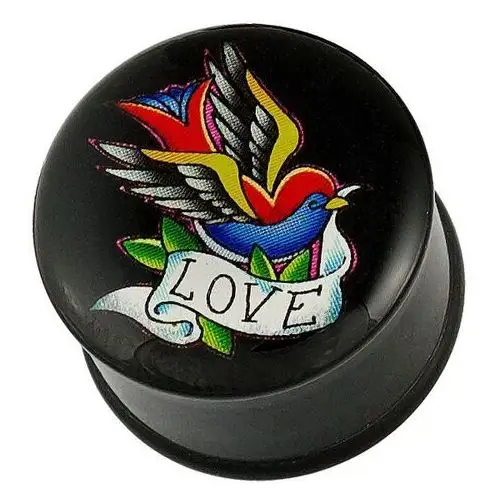 Biżuteria e-shop Plug do ucha - kolorowy ptaszek, wstęga i napis love - grubość kolczyka: 8 mm