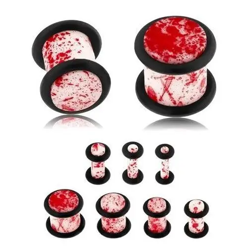 Plug do ucha z akrylu, biała powierzchnia ozdobiona czerwonymi plamkami, gumeczki - szerokość: 8 mm Biżuteria e-shop