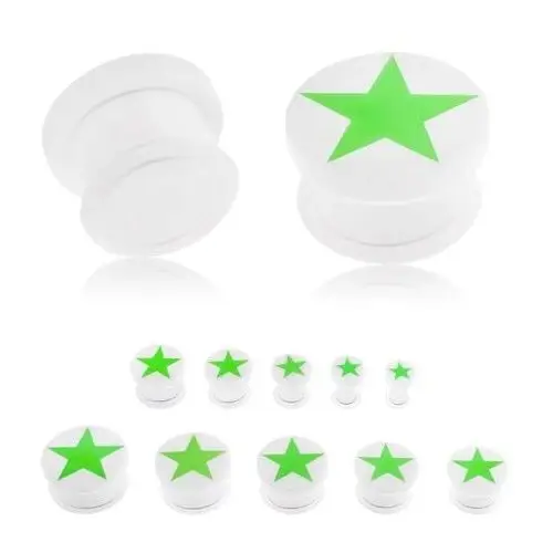 Biżuteria e-shop Plug do ucha z akrylu białego koloru, zielona pięcioramienna gwiazda świecąca w ciemności, gumeczka - szerokość: 18 mm