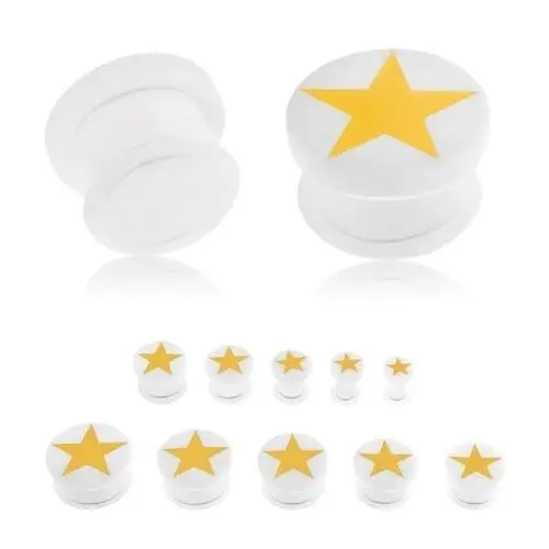 Plug do ucha z akrylu białego koloru, żółta pięcioramienna gwiazda, gumeczka - szerokość: 6 mm Biżuteria e-shop