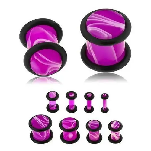 Biżuteria e-shop Plug do ucha z akrylu fioletowego koloru, biały marmurowy wzór, dwie gumeczki - szerokość: 4 mm