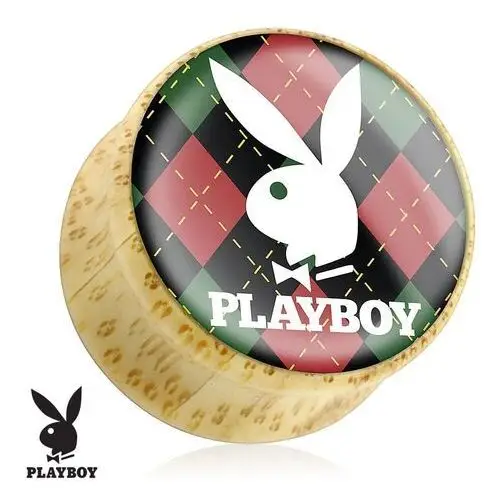 Plug do ucha z bambusa, zajączek Playboy na tle w kratkę - Szerokość: 16 mm, S1.13