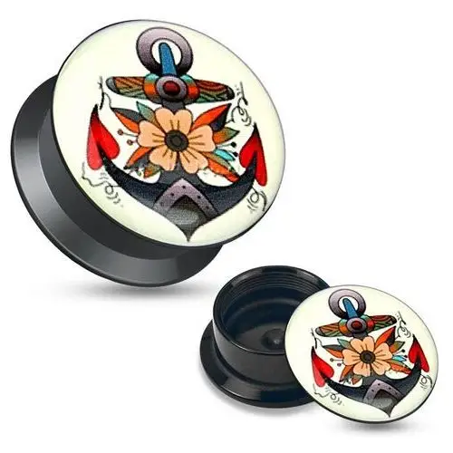 Plug do ucha z czarnego akrylu, kolorowy obrazek kotwicy z kwiatami - szerokość: 6 mm Biżuteria e-shop