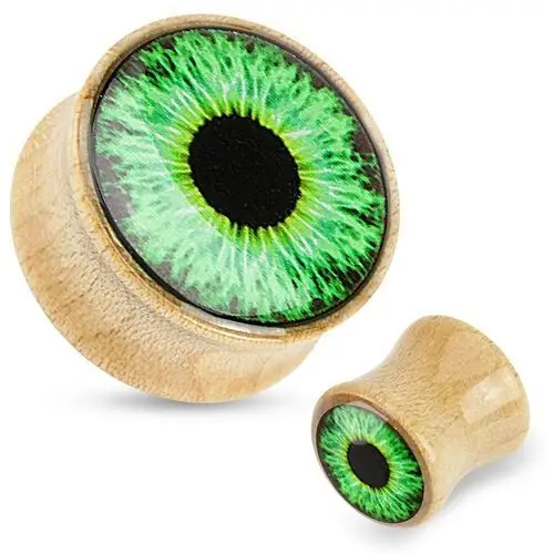 Plug do ucha z drewna - kolor jasnobrązowy, przezroczyste szkliwo, oczko zielone - Szerokość: 14 mm
