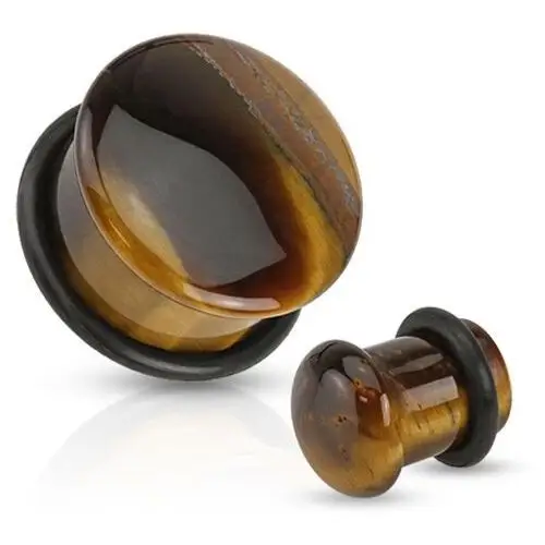 Biżuteria e-shop Plug do ucha z półszlachetnego tygrysiego oka w kolorze brązowym, czarna gumka - szerokość: 5 mm