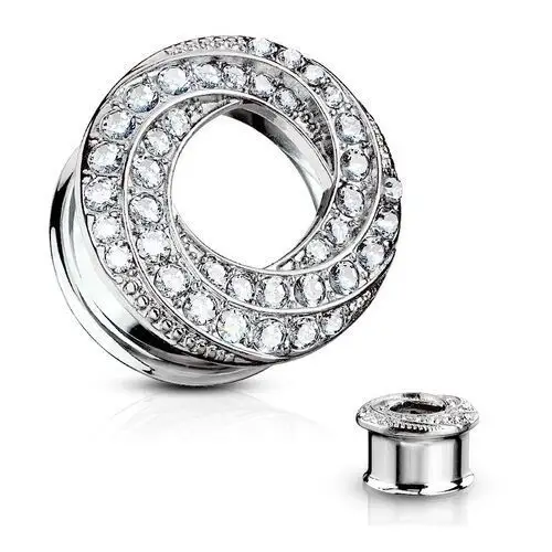 Biżuteria e-shop Plug do ucha ze stali w kolorze srebrnym - spiralnie skręcona linia, przezroczyste cyrkonie - szerokość: 12 mm