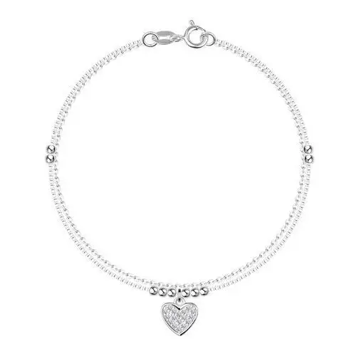 Biżuteria e-shop Podwójna srebrna 925 bransoletka - serce z przezroczystymi cyrkoniami, kuleczki