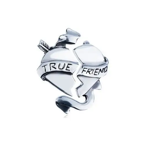 Podwójna srebrna zawieszka 925 - przełamane serce ze wstążką "true friend" Biżuteria e-shop