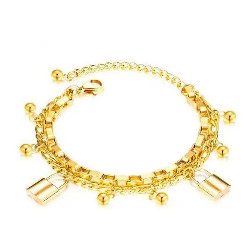 Podwójna stalowa bransoletka - wisząca kłódka, koraliki, złoty kolor Biżuteria e-shop