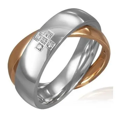 Podwójny stalowy pierścionek - cyrkoniowy krzyż, złoty i srebrny - Rozmiar: 59, F8.10