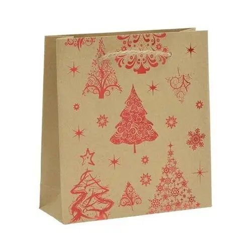 Biżuteria e-shop Prezentowa torebka z papieru - kolor brązowo-czerwony, motyw świąteczny, sznurek