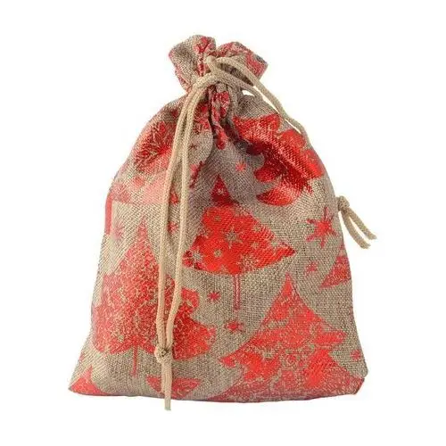 Prezentowy woreczek z tkaniny - choinki i płatki śniegu, brązowo-czerwony Biżuteria e-shop