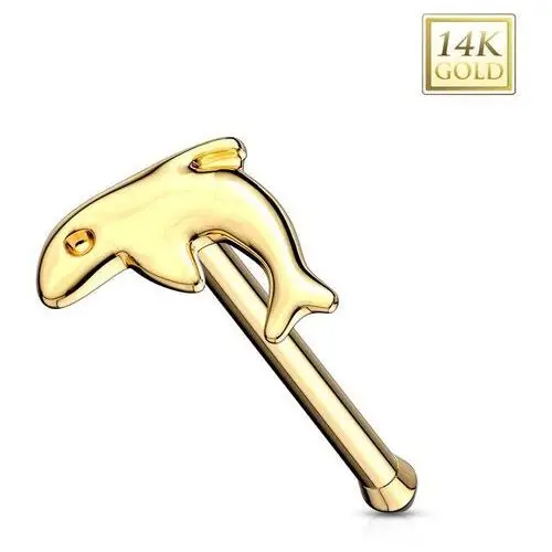 Prosty piercing do nosa z żółtego złota 585 - mały błyszczący delfin Biżuteria e-shop
