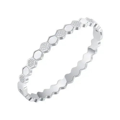 Przegubowa stalowa bransoleta - perłowe i cyrkoniowe pięciokąty, srebrny kolor Biżuteria e-shop