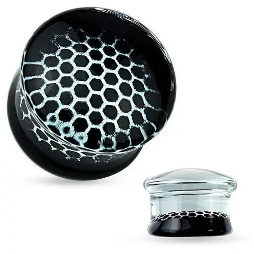 Biżuteria e-shop Przejrzysty siodłowy plug ze szkła, czarno-biały motyw plastra miodu - szerokość: 8 mm