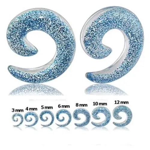 Przeźroczysty expander do ucha - spirala z niebieskim brokatem - Szerokość: 6 mm, A12.15