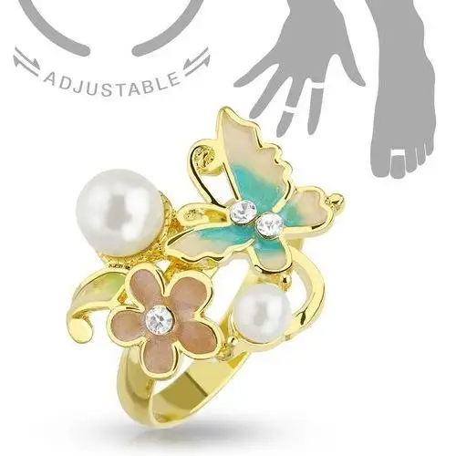 Regulowany pierścionek na rękę lub nogę złotego koloru, motyl, kwiat i perełki, R45.28