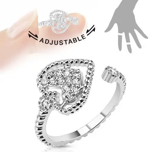 Regulowany rodowany pierścionek, serduszko ozdobione przezroczystymi cyrkoniami - rozmiar: 49 Biżuteria e-shop