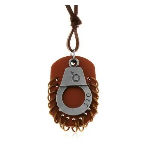 Biżuteria e-shop Regulowany skórzany naszyjnik - kajdanka z cyfrą, brązowa tabliczka z krążkami