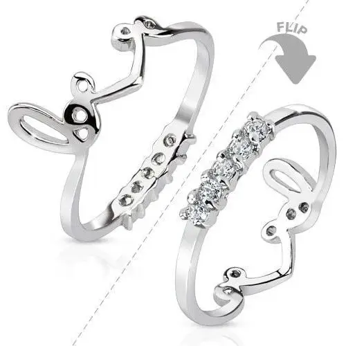 Biżuteria e-shop Rodowany pierścionek srebrnego koloru, dwustronny, pas przezroczystych cyrkonii, napis "love" - rozmiar: 44