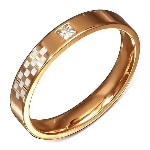 Różowo-złota obrączka ze stali, biała szachownica, cyrkonia - rozmiar: 55 Biżuteria e-shop