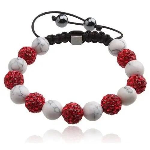 Biżuteria e-shop Shamballa bransoletka, czerwone cyrkoniowe i białe marmurowe kuleczki
